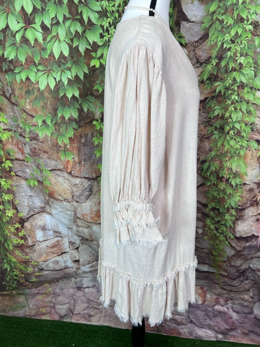 MAZIK Linen Blend Fringed Ruffle Trim Quiet Luxury Shift Dress, L - Picture 9 of 11